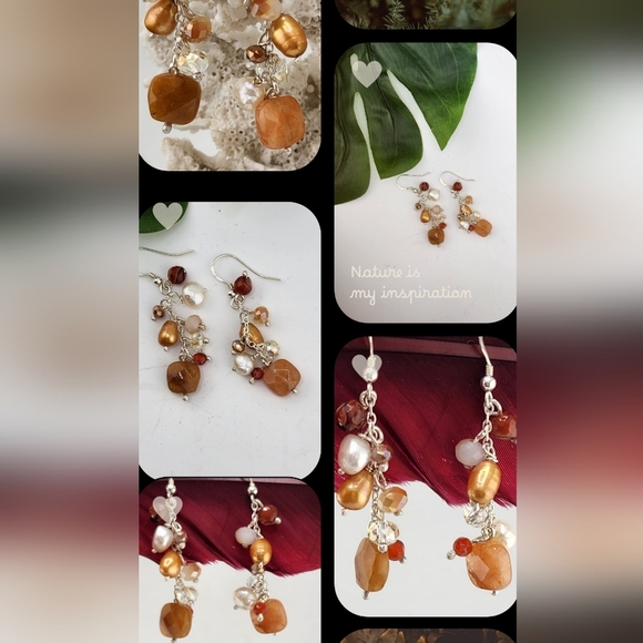 CARNELIAN, PEARLS, & CRYSTALS HANDMADE CASCADE EARRINGS .925 STERLING SILVER - Picture 4 of 6